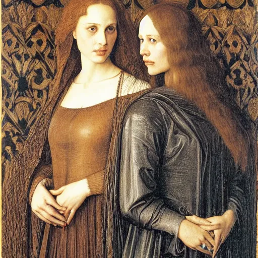 Prompt: portrait of natalie portman and scarlet johansson, by albrecht durer, jean delville, jan van eyck, lord leighton