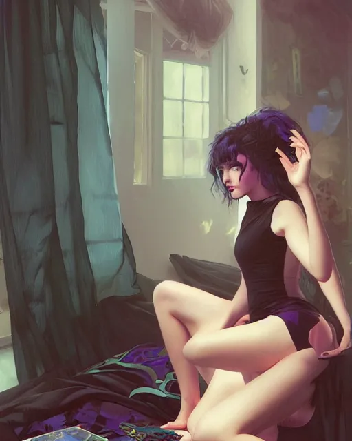 Image similar to emily rajtkowski, goth, posing, vaporwave, modern bedroom!!!!!, highly detailed, digital painting, artstation, concept art, smooth, sharp focus, illustration, art by artgerm and greg rutkowski and alphonse mucha