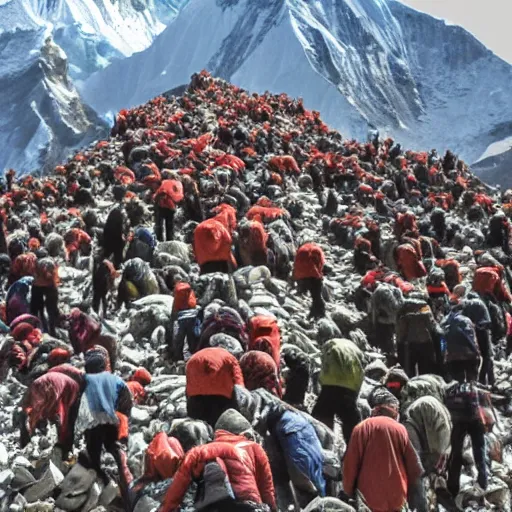 Prompt: humans stacked as high as mount everest