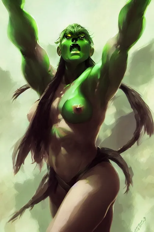 Prompt: green anime faced orc female, light green tone beautiful face, muscular body, by artgerm, by greg rutkowski, by jeremy mann, digital painting