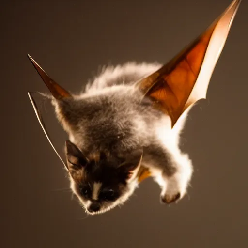 Prompt: a bat kitten flying, Canon EOS R3, telephoto, very detailed, 4k