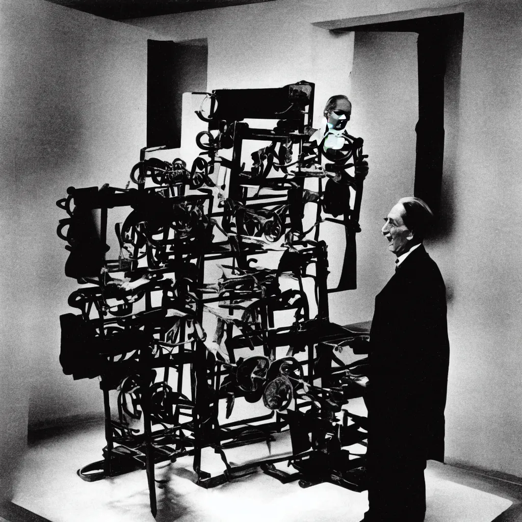 Image similar to underexposed photo of Marcel Duchamp in a room full with an ancient machine, tri-x, archival pigment print in the style of Hito Steyerl, contemporary art