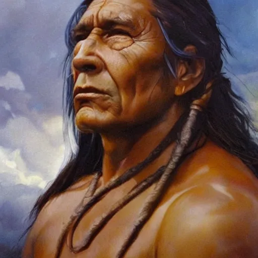 Image similar to ultra realistic portrait painting of a native american, art by frank frazetta, vintage levi ’ s ad, stormy weather, dark vibes, 4 k, ultra realistic, highly detailed, epic lighting