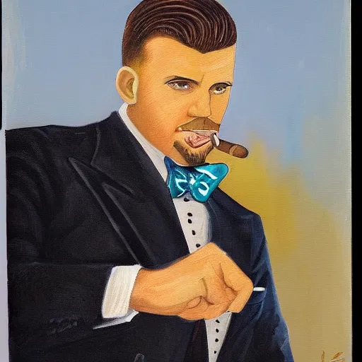 Prompt: a close - up painting of a gangster irish man with a fade haircut, wearing a suit, bowtie, and ring, lighting a cigar, highly detailed