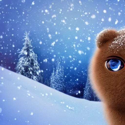 Image similar to a downy polabear with crystal eyes wandering in a winter wonderland ; acid blue sky background