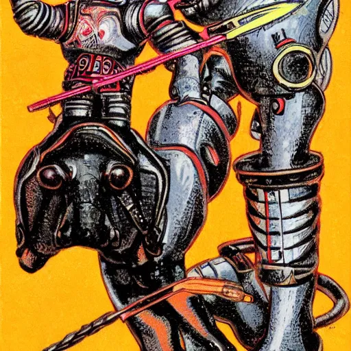 Prompt: a cybernetic knight holding a lance, riding a cyborg horse, sci fi, retro, illustrated by Richard Powers