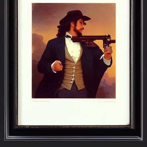 Image similar to a vintage portrait painting of a fantasy gentleman gunslinger, art by tristan eaton and artgerm and william - adolphe bouguereau