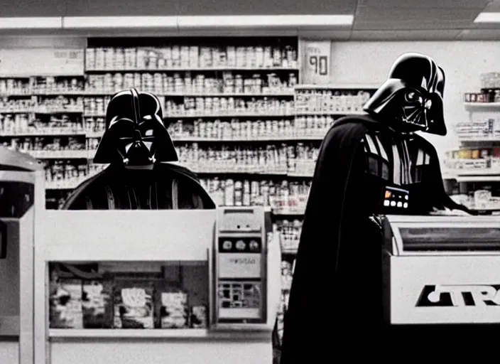 Prompt: film still of Darth Vader working as a clerk in a convenience store in Clerks movie 1994