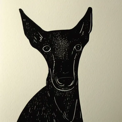 Image similar to minimalist linocut, black and white, greyhound in a forest