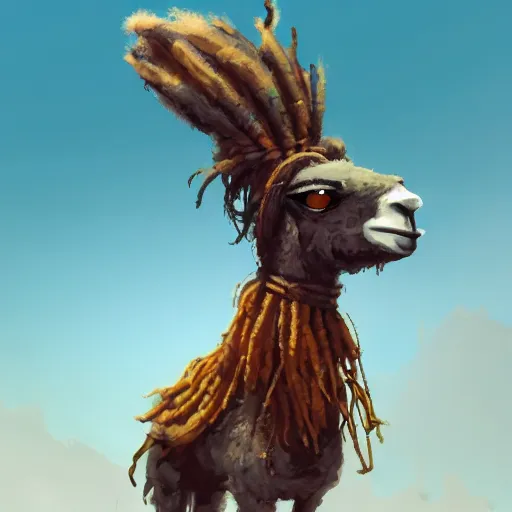 Image similar to llama with dreadlocks, realistic creature concept, heroic pose, by Ian McQue, 4k, artstation