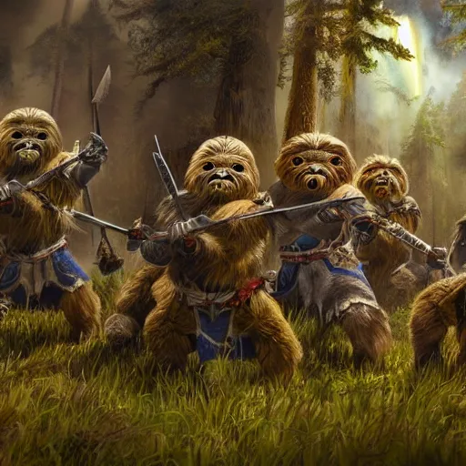 Image similar to Ewoks in masonic lodge during a medieval battle, warcraft style, realistic 4k octane beautifully detailed render, 4k post-processing, highly detailed, intricate complexity, epic composition, magical atmosphere, cinematic lighting, masterpiece, ultra hd