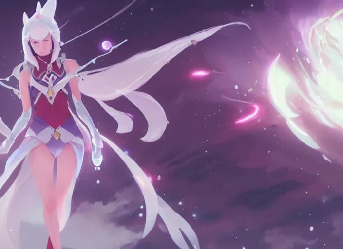 Image similar to a female space mage with long white hair, star guardian inspired, perfect art, trending on pixiv, painted by greg rutkowski makoto shinkai takashi takeuchi, akihiko yoshida