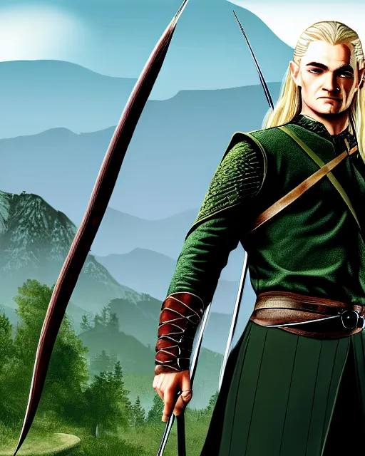 Image similar to Legolas from Lord of the rings in GTA V, Cover art by Stephen Bliss, boxart, loading screen, 8K resolution