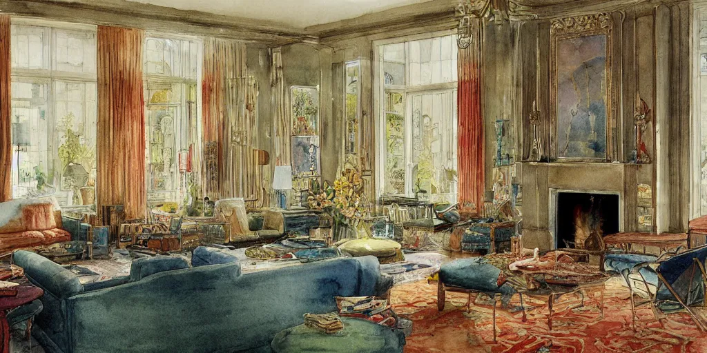 Prompt: a hiper intricate watercolor of a beatiful modern indoor living room, extremely detailed, sharp focus, wide view, smooth, digital illustration, colorfull, by william turner art, by greg rutowski, by carl larson, by edmund dulac