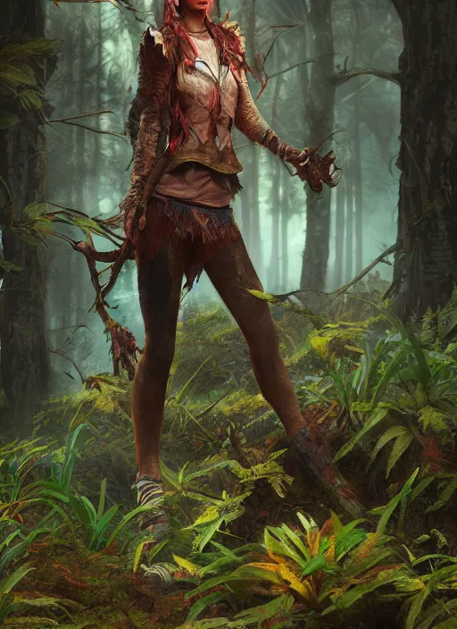 Prompt: detailed full body concept colorful fantasy painting of a forest huntress, cinematic lighting, hyperdetailed, 8k, high resolution, insanely detailed and intricate, octane render