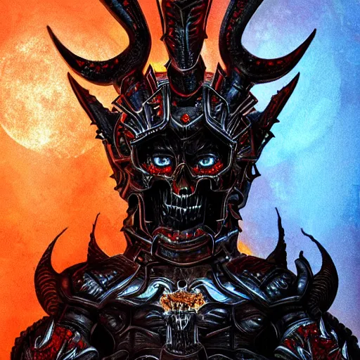Prompt: a portrait demon in iron armor with diamonds sits on the black throne of death and looks with red eyes into the darkness against the background of a bright red sun