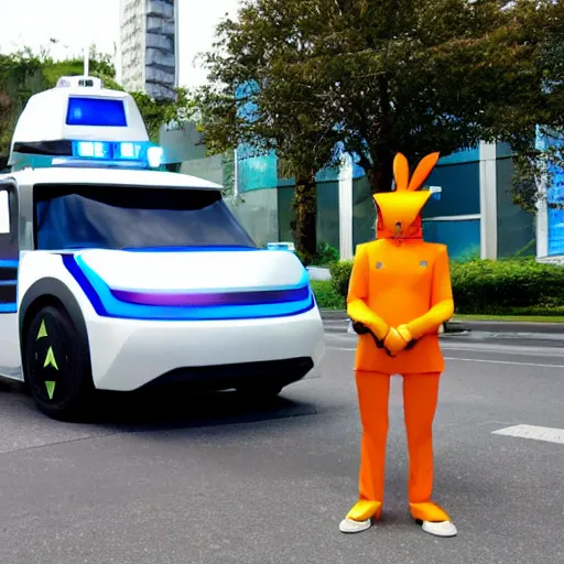 Prompt: robotic police unit shaped like an anthropomorphic rabbit, standing next to a parked futuristic police car