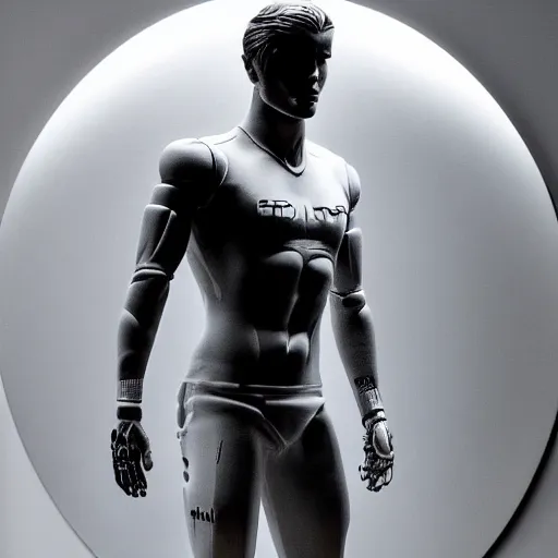 Prompt: a realistic detailed photo of a guy who is an attractive humanoid who is half robot and half humanoid, who is a male android, soccer player sergio ramos, shiny skin, posing like a statue, blank stare, in a living room, on display, showing off his muscles