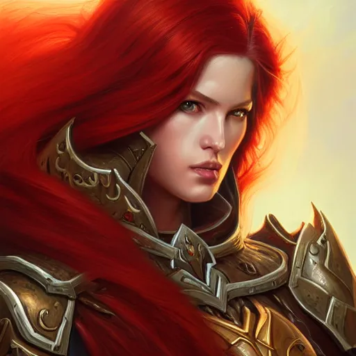 Prompt: a portrait of a very beautiful woman in armor warcraft style armor. red hair, bored, illustration, soft lighting, soft details, painting oil on canvas by mark arian by artgerm, trending on artstation, 4k, 8k, HD