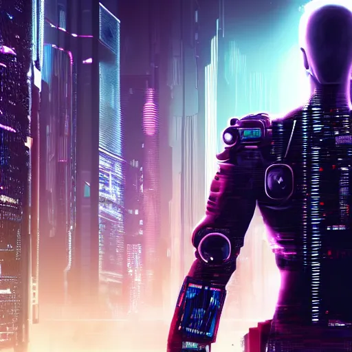 Prompt: a man with his hands on his hips, staring into space, cyberpunk, ultra realistic, concept art. sense of awe,