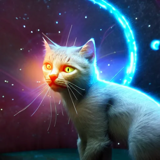 Prompt: space cat opens portal to another dimension, stars, octane render, cinematic lighting, dynamic, high detail, artstation, silver highlights