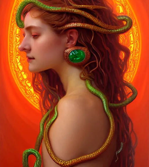 Image similar to portrait of teenage medusa, snake hair, naughty smile, wearing an embroidered orange tunic, intricate, sensual, sultry, elegant, copper and emerald jewelry, glowing lights, seductive, highly detailed, digital painting, artstation, concept art, smooth, sharp focus, illustration, art by wlop, mucha, artgerm, and greg rutkowski