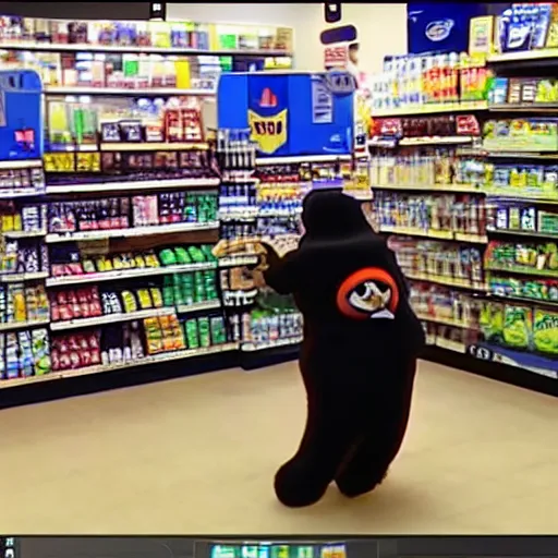 Prompt: security camera footage of a sports mascot knocking items off the shelves in a convenience store