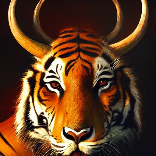 Image similar to a dramatic portrait of a antelope in!!! tiger!!! skin, cinematic lighting, symmetric face by karol bak, christopher balaskas