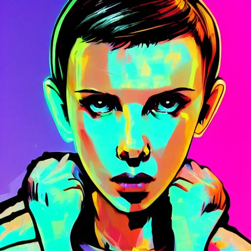 Prompt: Neon Millie Bobby Brown by Yoji Shinkawa