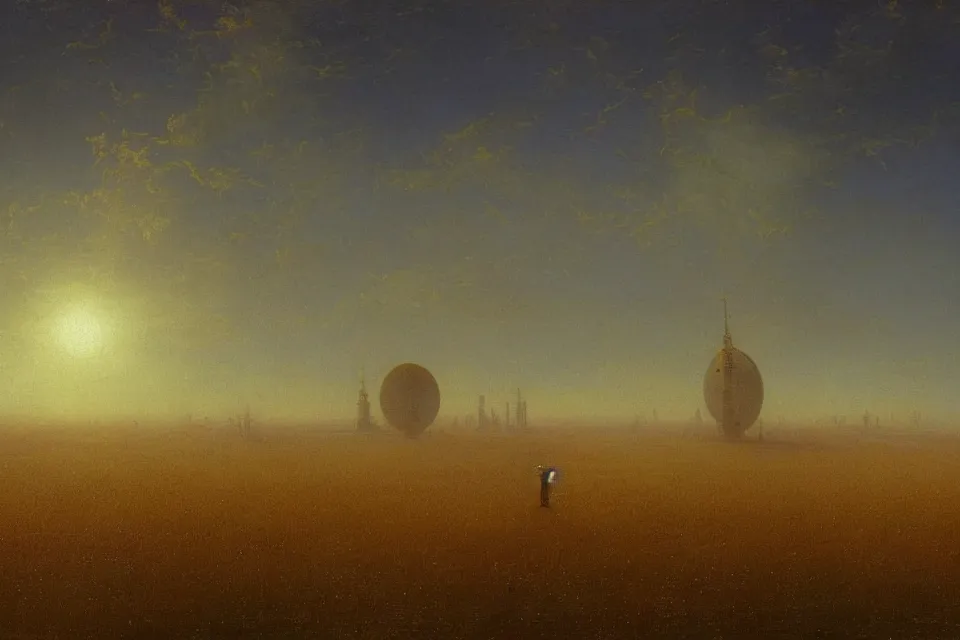 Image similar to sci-fi painting of a large alien city on the vast wheat fields, the closed back view of only one humanoid robot on the ground, by Ivan Aivazovsky, godrays, detailed