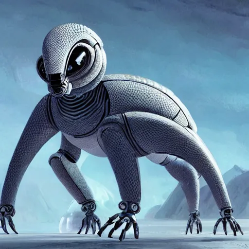 Image similar to a robotic pangolin that stands six feet tall with pearl white scales standing on its hind legs in front of a spaceship on an alien planet, sci Fi concept art