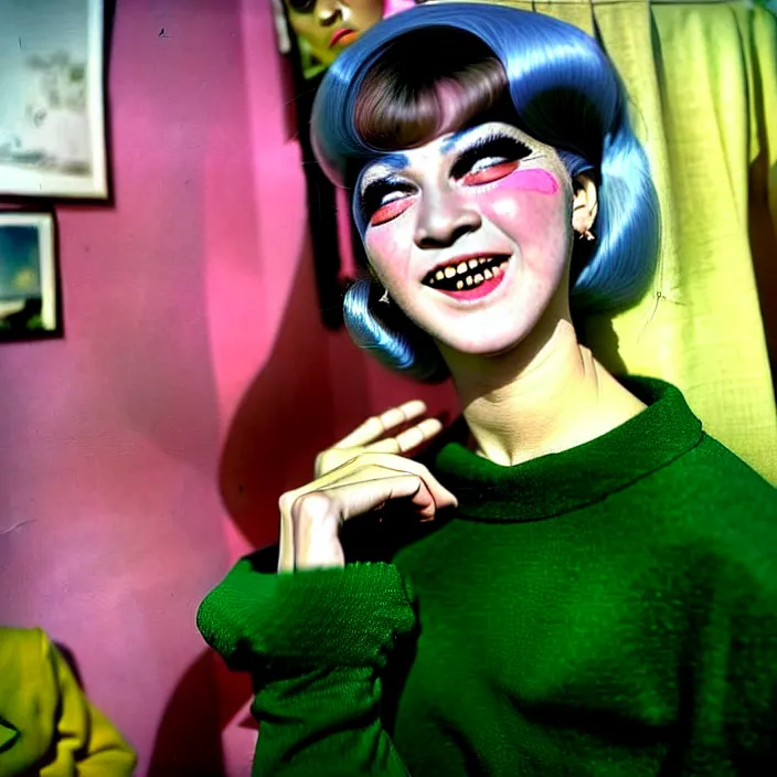 Image similar to ultra quality and ultra details, ultra great 1960s French color cinematography, ultra brilliant everything painting of a Ultra great portrait of a sarcastic yé-yé chanteuse with ultra great facial features, ultra greatly styled thick eyebrows, dark shadows under tired eyes, friendly bright eyes, sweater and shorts, laughing at the viewer, stylistically like old French youth movies from the 1960s, softly shadowed, enjoyable, with quality provio, student art project 1986.