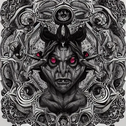 Image similar to 4K headshot of godlike Shub-Niggurath with defined arms and open hands and bloody clothes with giant mandala wings , intricate face , flawless anime cel animation by Kentaro Miura, psychedelic , highly detailed upper body , professionally post-processed , beautiful, scary, symmetry accurate features, epic, octane rendered, anime masterpiece, accurate