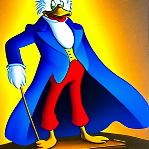 Image similar to Scrooge McDuck from the Duck Tales in blue costume standing on a mountain of gold and holding a cane, view from below, full body portrait, oil painting, highly detailed