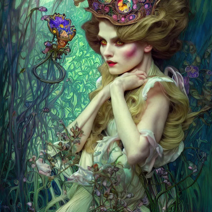 Image similar to psychedelic alice in wonderland , diffuse lighting, fantasy, intricate, elegant, highly detailed, lifelike, photorealistic, digital painting, artstation, illustration, concept art, smooth, sharp focus, art by John Collier and Albert Aublet and Krenz Cushart and Artem Demura and Alphonse Mucha