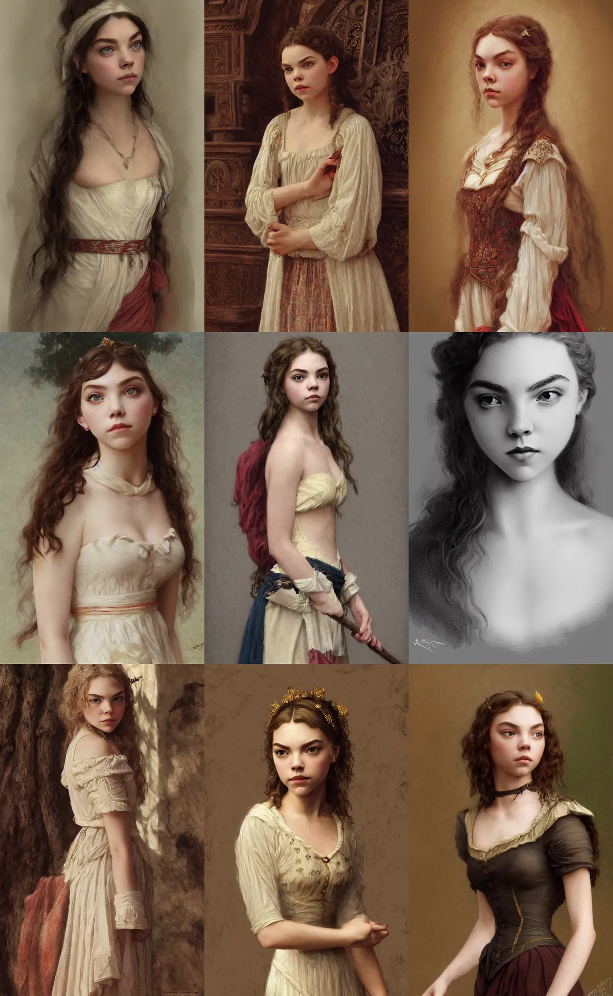 Prompt: anya taylor - joy, annasophia robb, traditional corsican, intricate, highly detailed, artstation, illustration, jurgens, rutkowski, bouguereau