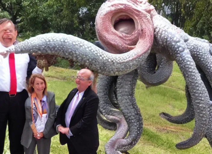 Prompt: a politician photo op with a tentacle monster