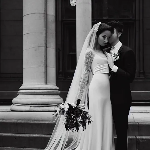 Image similar to an extremely beautiful couple in their 20s get married with a small intimate audience at marylebone town hall, the groom wears an elegant gucci suit, the bride wears a medium-length bridal gown with an exquisite veil, david bailey takes the photos, black and white, ilford ilfocolour 400, tlr rolleiflex T, octane render, 4k, realistic, hyperrealistic, highly detailed, strong bokeh around the faces of the couple, short depth of field, f/1.8