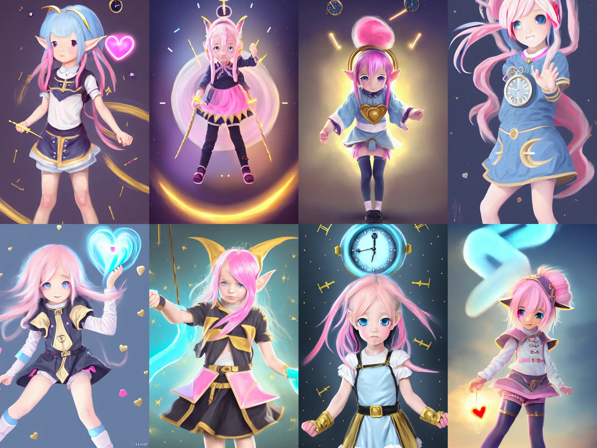 Prompt: Time traveler, small loli girl, with small pointy elf ears, detailed face, light-blue eyes, cotton candy-like pink hair with low heart-shaped drills, wearing black and gold time traveler outfit clock-style, in a fighting stance, digital painting, artstation, concept art, soft light, hdri, smooth, sharp focus, illustration, Mihoyo, art by tian zi and craig mullins and WLOP and alphonse mucha