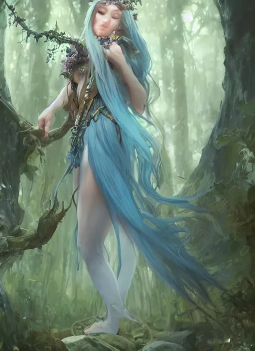 Image similar to stunningly beautiful female blue hair, femma stone face, antasy art, fae priestess, lush forest landscape, dark light night, sharp focus, digital painting, 8 k, concept art, art by wlop, artgerm, greg rutkowski and alphonse mucha