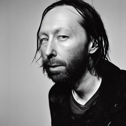 Image similar to Yorke Thom Radiohead yorke thom, with a beard and a black jacket, a portrait by John E. Berninger, dribble, neo-expressionism, uhd image, studio portrait, 1990s