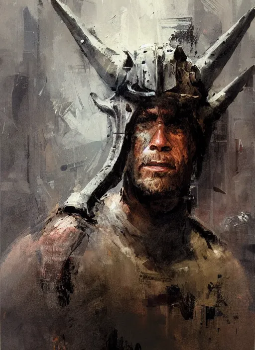 Image similar to portrait painting of berserker with a dinosaur head helmet, by jeremy mann, only one head single portrait