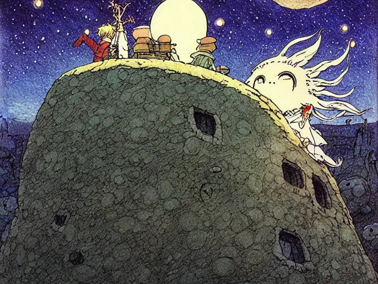 Image similar to cell shaded studio ghibli movie still fantasy concept art of a ufo from howl's moving castle sitting on stonehenge like a stool. it is a misty starry night. by rebecca guay, michael kaluta, charles vess