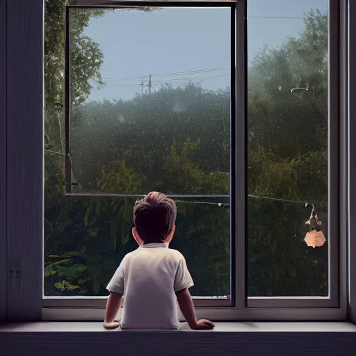 Image similar to a boy looks outside his bedroom window to see the beautiful cosmos, trending on artstation, 8k resolution, octane render