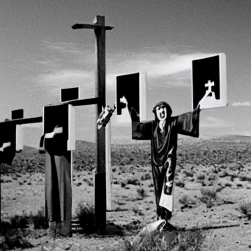 Image similar to bill gates on the cross in the desert surrounded by medical equipment. horror movie photograph.