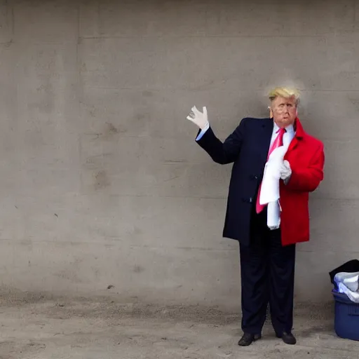 Image similar to donald trump dressed as a homeless man living in the slums