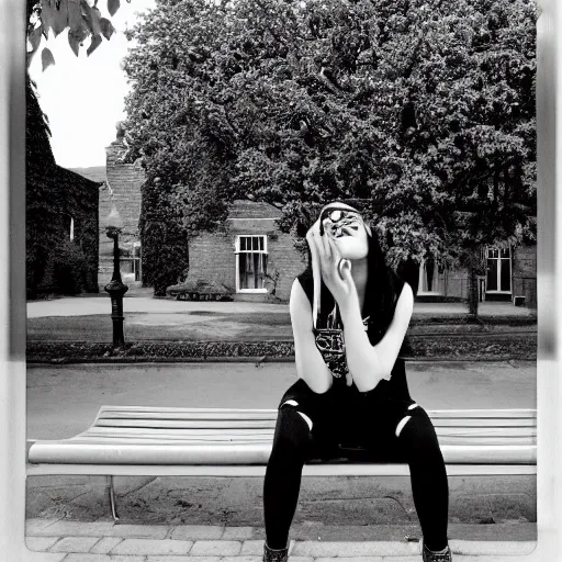 Prompt: a photograph of an emo goth girl sitting on a bench in front of a British house on a hot day, 2006, black hair