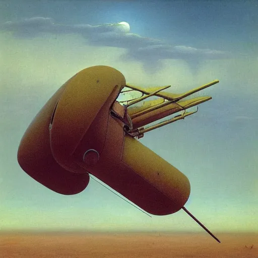 Image similar to a gyrocopter by Zdzisław Beksiński, oil on canvas