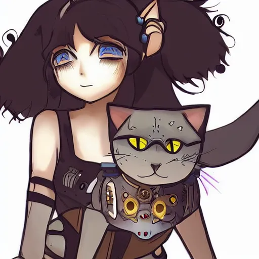 Image similar to a robotic steampunk human and cat, anime, wholesome, detailed,