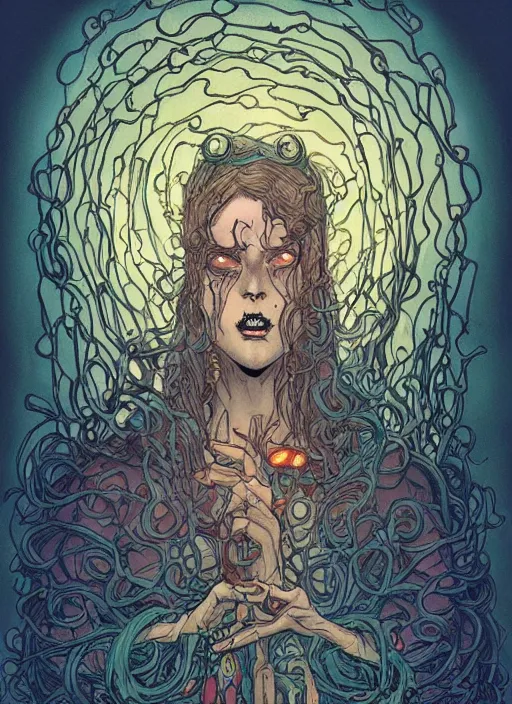 Image similar to Wizard of chains, in the style of Sam Guay and James Jean and abigail larson and Sam Spratt, glowing lights, beautiful colors trending on artstation